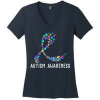 Autism Awareness Puzzle Ribbon Women's V-Neck T-Shirt