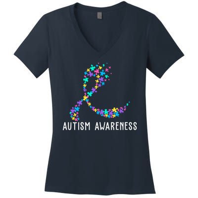 Autism Awareness Puzzle Ribbon Women's V-Neck T-Shirt