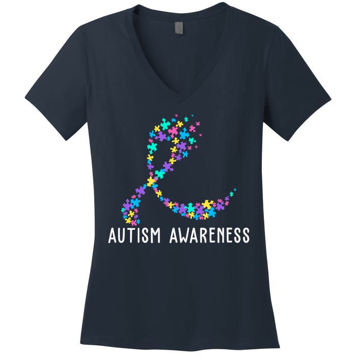 Autism Awareness Puzzle Ribbon Women's V-Neck T-Shirt