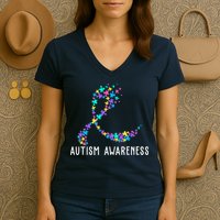 Autism Awareness Puzzle Ribbon Women's V-Neck T-Shirt