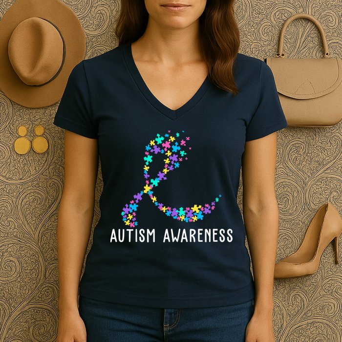 Autism Awareness Puzzle Ribbon Women's V-Neck T-Shirt
