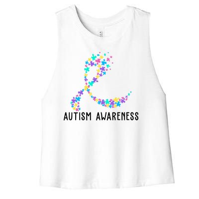 Autism Awareness Puzzle Ribbon Women's Racerback Cropped Tank