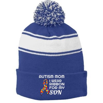 Autism Awareness Proud Mom Gift Proud Autism Mom Gift Stripe Pom Pom Beanie