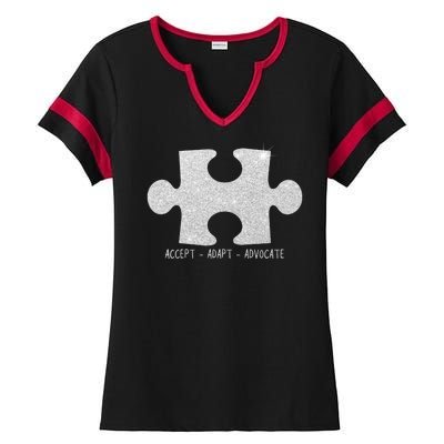 Autism Awareness Puzzle Accept Adapt Advocate Ladies Halftime Notch Neck Tee