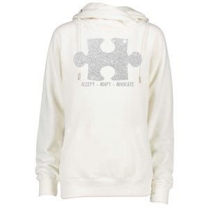 Autism Awareness Puzzle Accept Adapt Advocate Womens Funnel Neck Pullover Hood