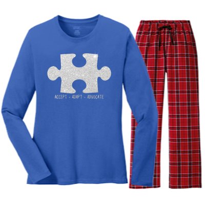 Autism Awareness Puzzle Accept Adapt Advocate Women's Long Sleeve Flannel Pajama Set 