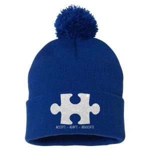 Autism Awareness Puzzle Accept Adapt Advocate Pom Pom 12in Knit Beanie