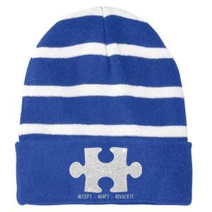 Autism Awareness Puzzle Accept Adapt Advocate Striped Beanie with Solid Band