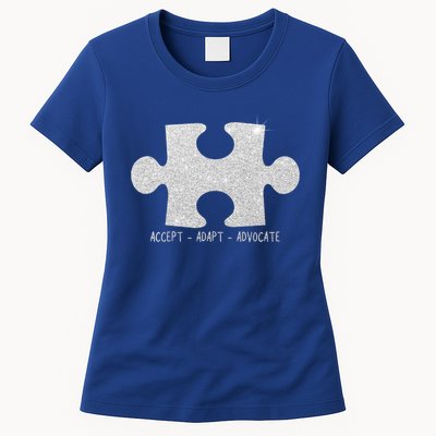 Autism Awareness Puzzle Accept Adapt Advocate Womens T-Shirt