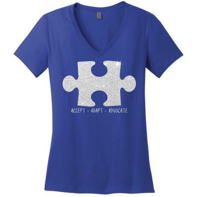 Autism Awareness Puzzle Accept Adapt Advocate Women's V-Neck T-Shirt