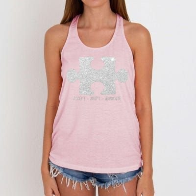 Autism Awareness Puzzle Accept Adapt Advocate Women's Knotted Racerback Tank