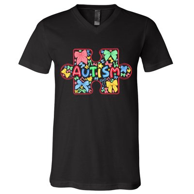 Autism Awareness Puzzle Heart Awareness Day - Women Girl V-Neck T-Shirt
