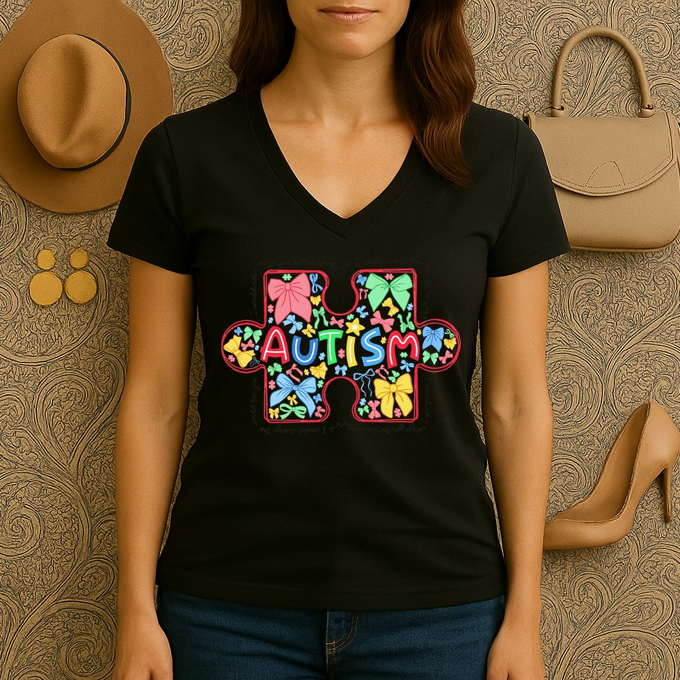 Autism Awareness Puzzle Heart Awareness Day - Women Girl Women's V-Neck T-Shirt
