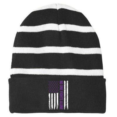 Alzheimers Awareness Purple Ribbon Dementia Mom Dad Grandpa Striped Beanie with Solid Band