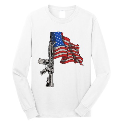 Ar15 Assault Rifle Usa Flag Gun Distressed American Flag Long Sleeve Shirt