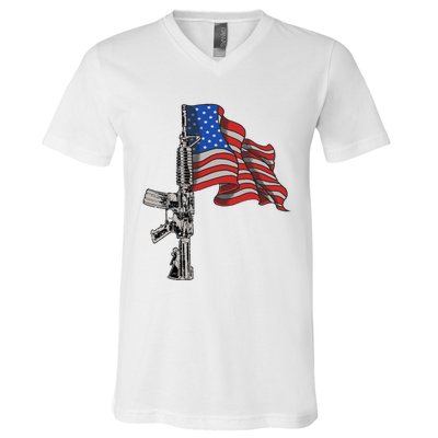 Ar15 Assault Rifle Usa Flag Gun Distressed American Flag V-Neck T-Shirt