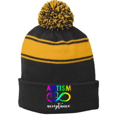 Autism Acceptance Rainbow Stripe Pom Pom Beanie