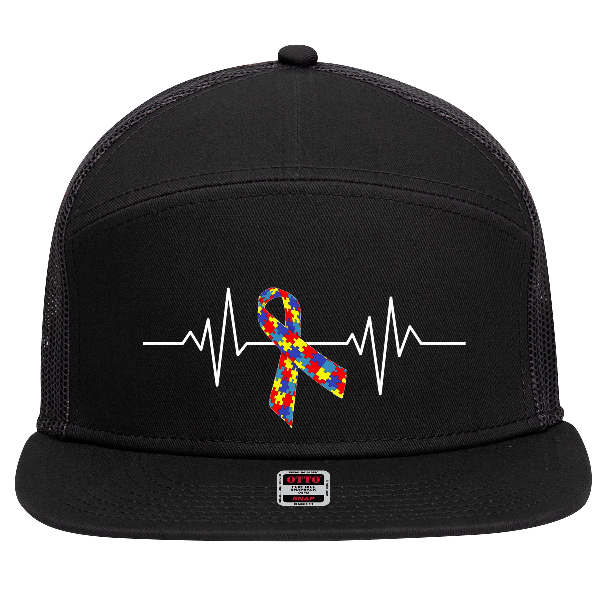 Autism Awareness Ribbon Heartbeat 7 Panel Mesh Trucker Snapback Hat