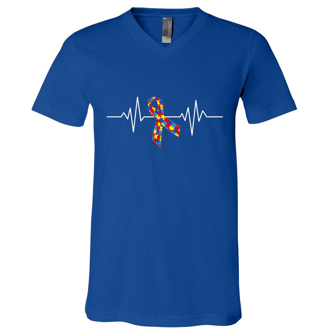 Autism Awareness Ribbon Heartbeat V-Neck T-Shirt