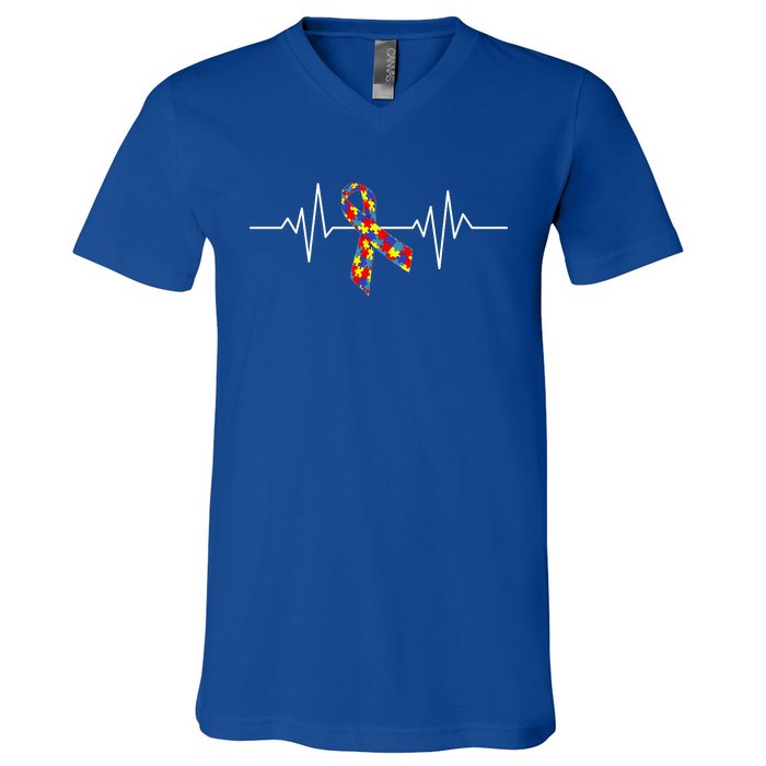 Autism Awareness Ribbon Heartbeat V-Neck T-Shirt