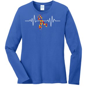 Autism Awareness Ribbon Heartbeat Ladies Long Sleeve Shirt