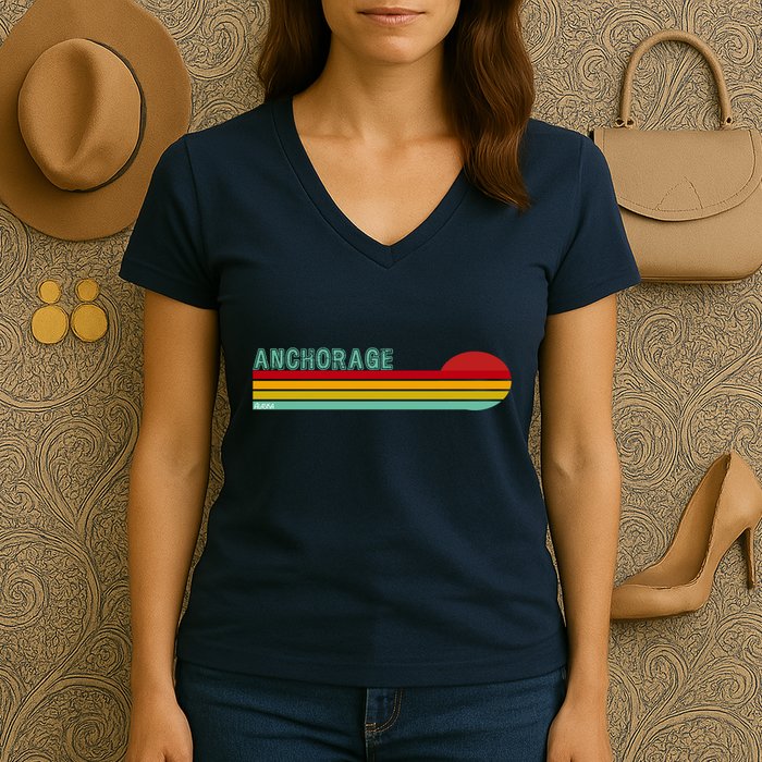 Anchorage Alaska Retro Sunset Women's V-Neck T-Shirt