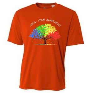 Autism Awareness Rainbow Tree Grow Your Awareness Hand Drawn Meaningful Gift Cooling Performance Crew T-Shirt