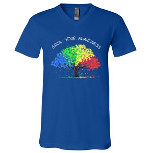 Autism Awareness Rainbow Tree Grow Your Awareness Hand Drawn Meaningful Gift V-Neck T-Shirt