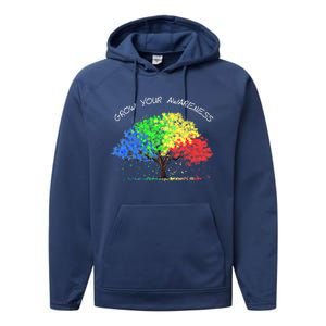 Autism Awareness Rainbow Tree Grow Your Awareness Hand Drawn Meaningful Gift Performance Fleece Hoodie