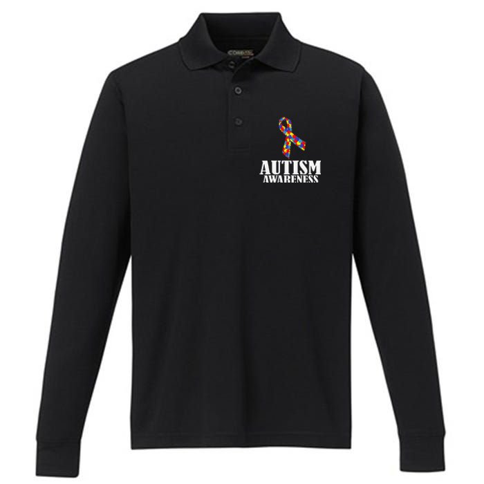 Autism Awareness Ribbon Puzzle Pieces Colors Gift Performance Long Sleeve Polo