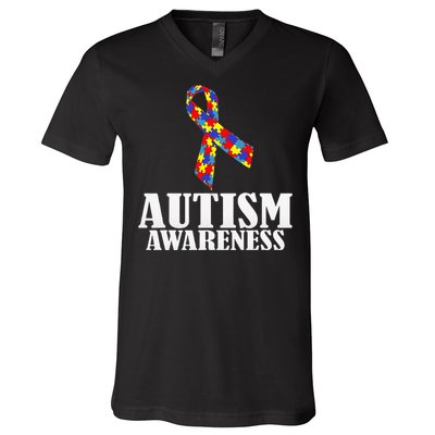 Autism Awareness Ribbon Puzzle Pieces Colors Gift V-Neck T-Shirt