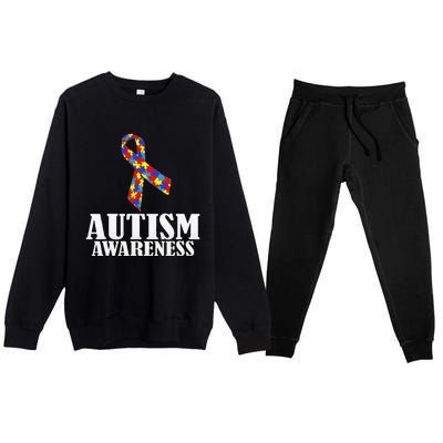 Autism Awareness Ribbon Puzzle Pieces Colors Gift Premium Crewneck Sweatsuit Set