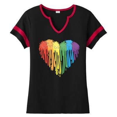 Autism Awareness Rainbow Puzzle Heart Ladies Halftime Notch Neck Tee