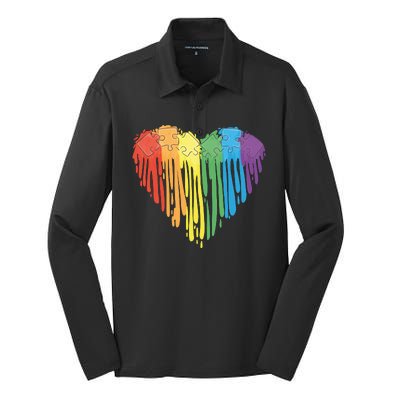 Autism Awareness Rainbow Puzzle Heart Silk Touch Performance Long Sleeve Polo