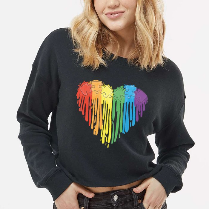 Autism Awareness Rainbow Puzzle Heart Cropped Pullover Crew