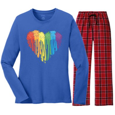 Autism Awareness Rainbow Puzzle Heart Women's Long Sleeve Flannel Pajama Set 