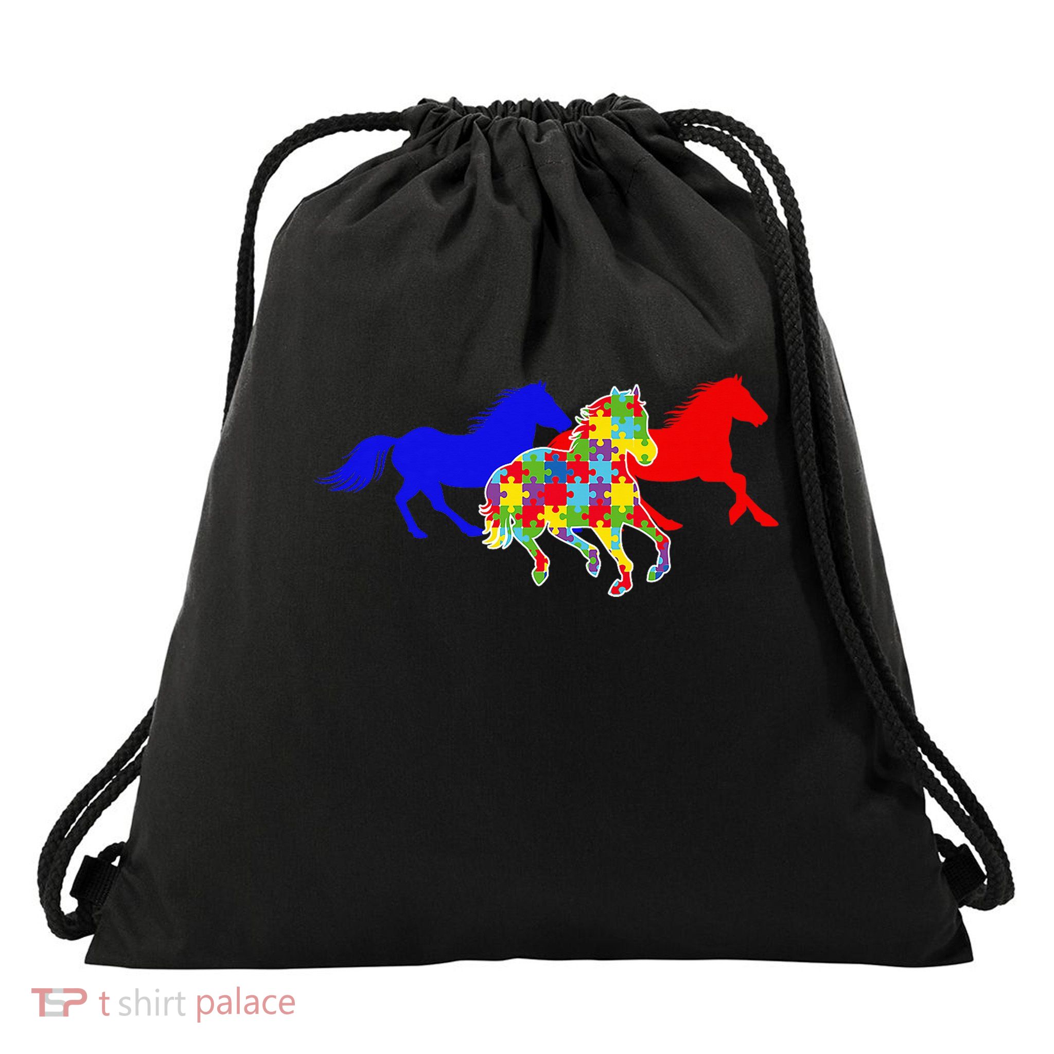 Autism Awareness Running Horses Puzzle Piece Design Drawstring Bag