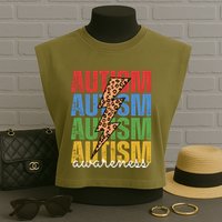 Autism Awareness Retro Cheetah Lightning Garment-Dyed Women's Muscle Tee