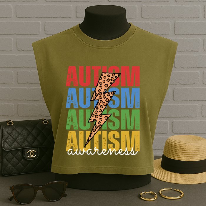 Autism Awareness Retro Cheetah Lightning Garment-Dyed Women's Muscle Tee