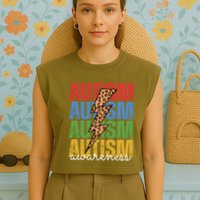 Autism Awareness Retro Cheetah Lightning Garment-Dyed Women's Muscle Tee
