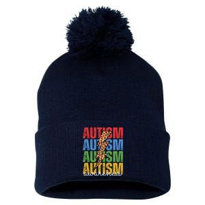 Autism Awareness Retro Cheetah Lightning Pom Pom 12in Knit Beanie