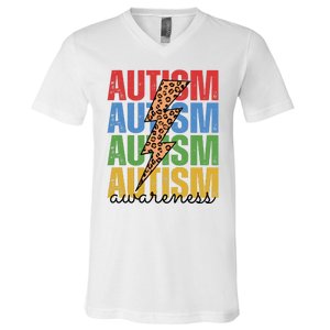 Autism Awareness Retro Cheetah Lightning V-Neck T-Shirt