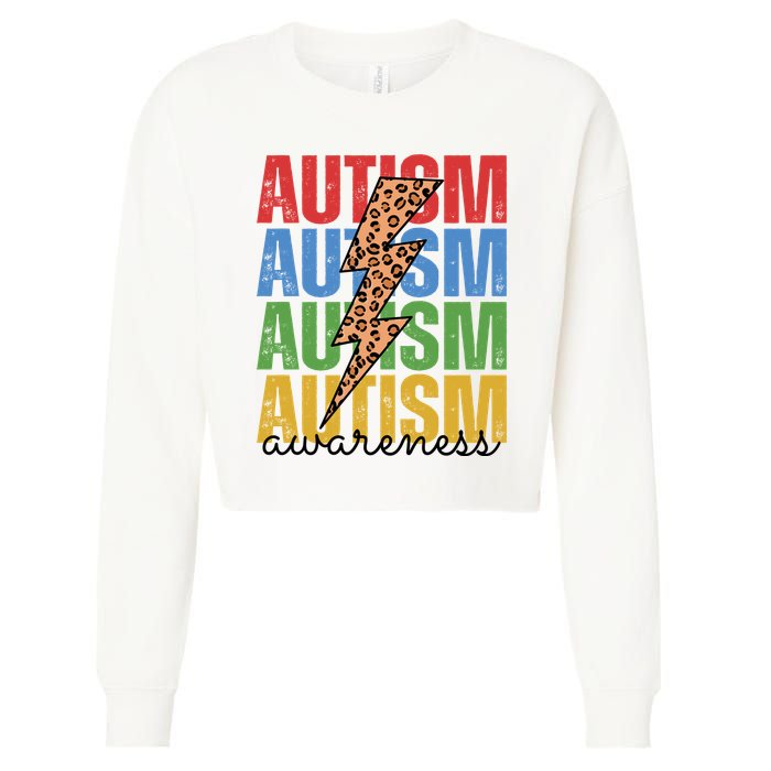 Autism Awareness Retro Cheetah Lightning Cropped Pullover Crew
