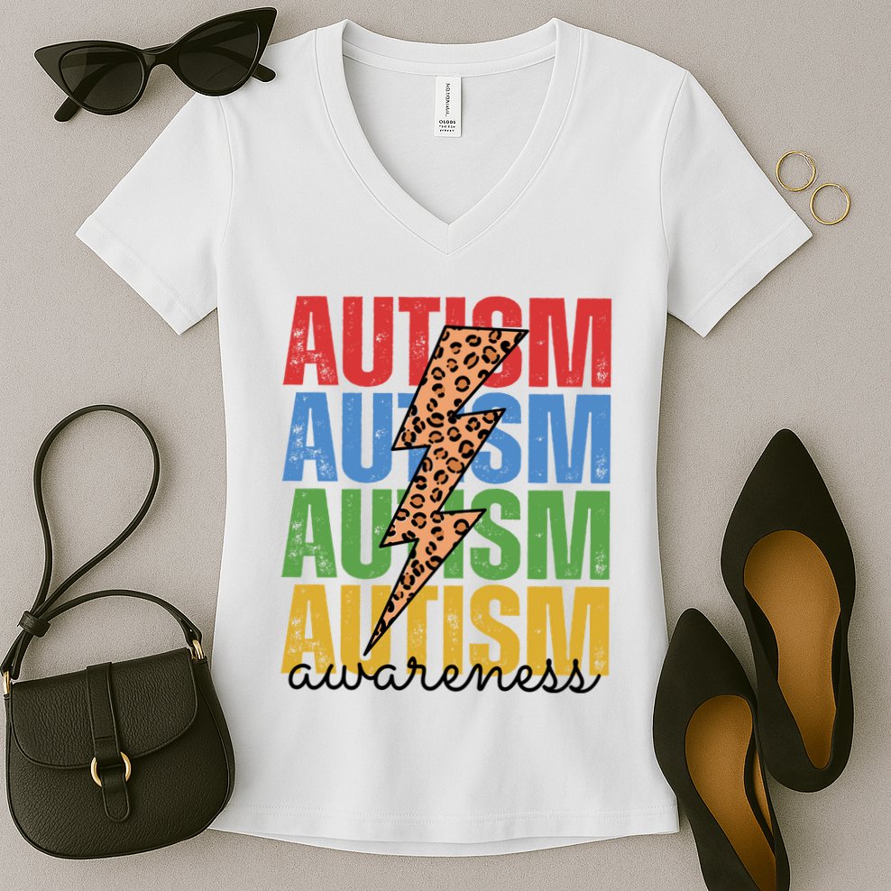 Autism Awareness Retro Cheetah Lightning Women's V-Neck T-Shirt