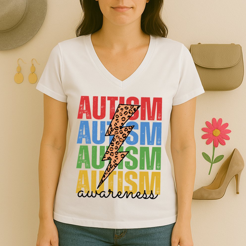 Autism Awareness Retro Cheetah Lightning Women's V-Neck T-Shirt
