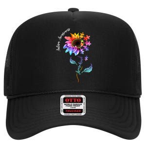 Autism Awareness Rainbow Sunflower High Crown Mesh Back Trucker Hat