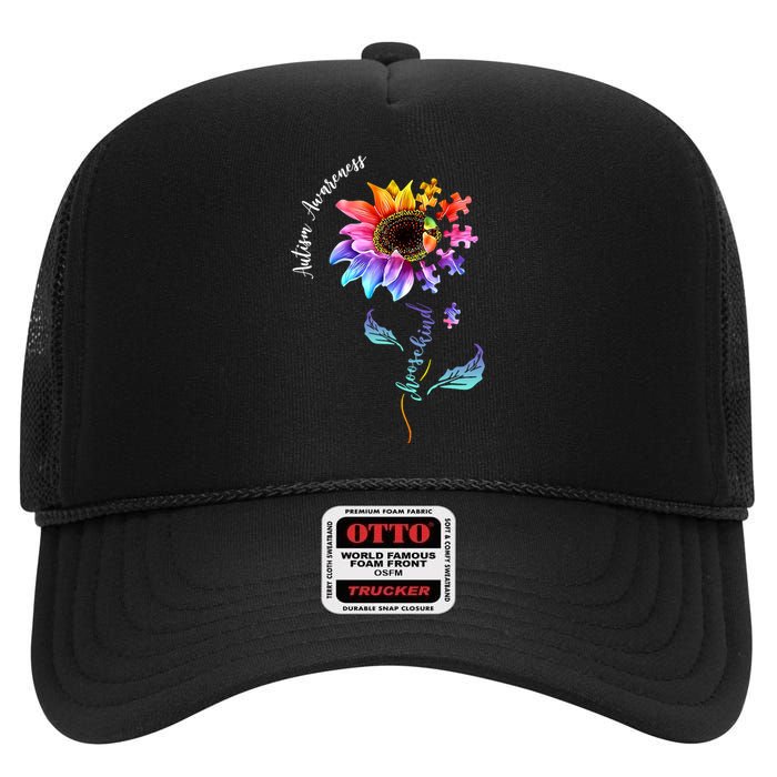 Autism Awareness Rainbow Sunflower High Crown Mesh Back Trucker Hat