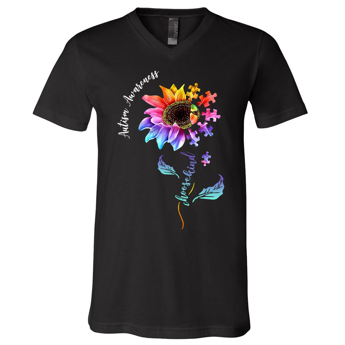 Autism Awareness Rainbow Sunflower V-Neck T-Shirt