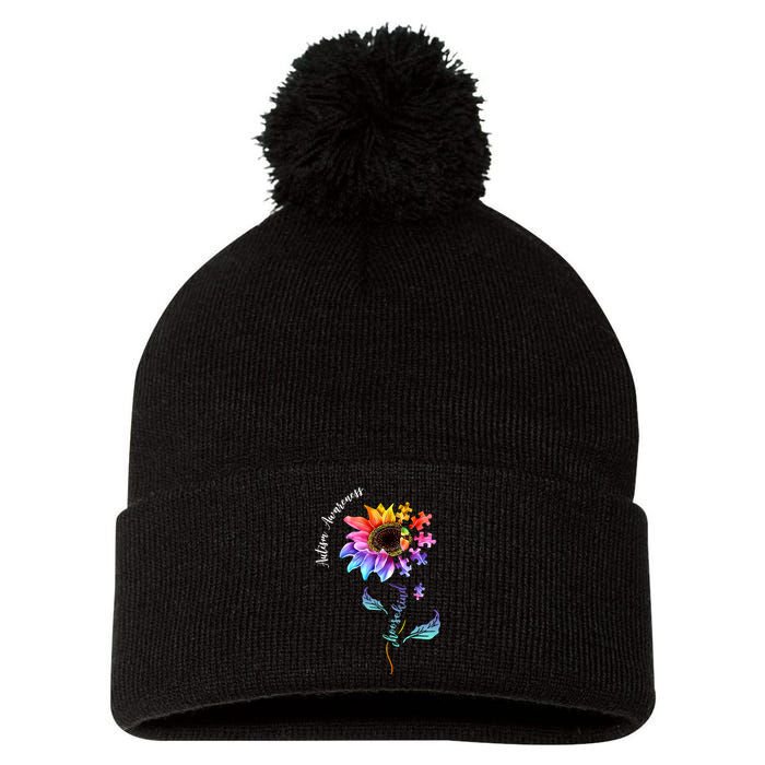 Autism Awareness Rainbow Sunflower Pom Pom 12in Knit Beanie