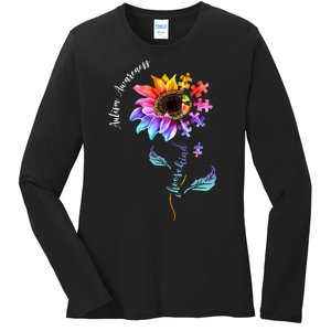 Autism Awareness Rainbow Sunflower Ladies Long Sleeve Shirt